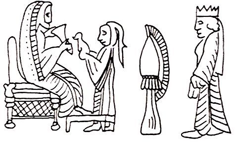 Frauengewand (Rollsiegel)T9A2.jpg - Dieses achaimenidische Rollsiegel könnte ein Hinweis darauf sein, dass das Schreitgewand auch von Frauen getragen wurde.